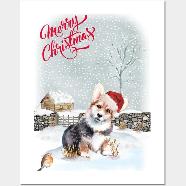 Welsh Pembroke Corgi Merry Christmas Santa Dog Wall Art by Puppy Eyes